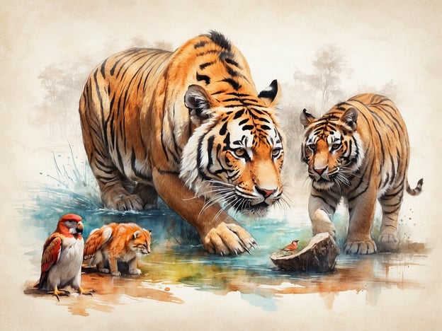 Auf dem Bild sind zwei Tiger und ein kleiner Tiger sowie ein Vogel zu sehen. In einem Tiergarten könnten Besucher möglicherweise folgende Aktivitäten und Events erleben:1. **Tigerfütterung**: Es könnte spezielle Fütterungen geben, bei denen die Besucher die Tiger beobachten können, während sie gefüttert werden.2. **Tierpflege-Vorführungen**: Die Tierpfleger könnten vorführen, wie sie sich um die Tiger und ihre Umgebung kümmern.3. **Bildungsprogramme**: Veranstaltungen, bei denen die Besucher mehr über die Lebensweise und den Lebensraum von Tigern erfahren können.4. **Fotomöglichkeiten**: Bereiche, wo Besucher Fotos mit Deko-Elementen oder Hintergründen von Tigerbiotopen machen können.5. **Kinderspielplätze**: Bereiche, in denen Kinder den Tigerspielplatz erkunden, um mehr über die Tiere zu lernen.Solche Events bieten eine lehrreiche und unterhaltsame Erfahrung für die ganze Familie!