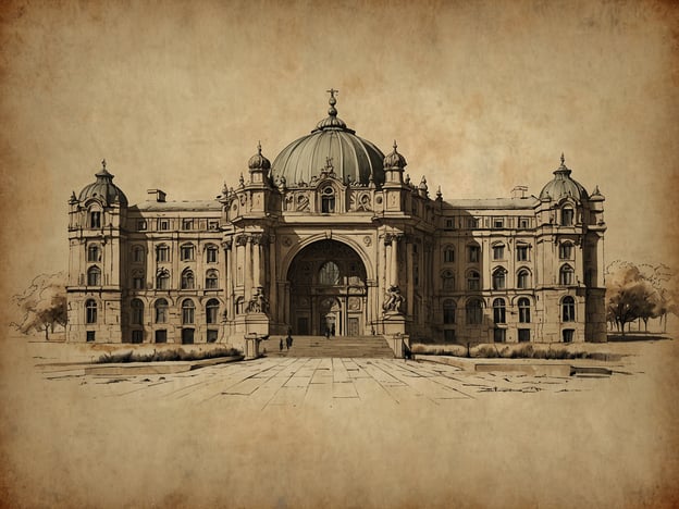Auf dem Bild ist ein imposantes Gebäude zu sehen, das durch seine prächtigen architektonischen Merkmale hervorsticht. Die Fassade ist reich verziert, mit Säulen, die einen klassischen Stil widerspiegeln. Besonders auffällig ist die große, zentrale Eingangstür, die von zwei skulpturalen Elementen flankiert wird.Die Kuppel auf dem Dach des Gebäudes verleiht ihm eine majestätische Erscheinung und zeigt Einflüsse des Barock oder Neoklassizismus. Außerdem sind die symmetrischen Seitenflügel gut erkennbar, die mit großen Fenstern ausgestattet sind, die für Licht und Offenheit sorgen.Die Landschaftsgestaltung im Vordergrund, mit einem gepflasterten Platz und Bepflanzung, ergänzt die architektonische Schönheit des Gebäudes und schafft einen einladenden Zugang. Insgesamt vermittelt das Gebäude einen Eindruck von Erhabenheit und historischer Bedeutung.