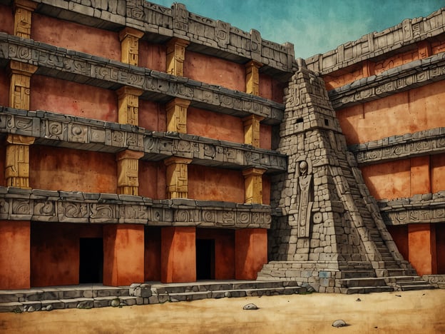 Auf dem Bild ist eine künstlerische Darstellung einer alten Maya-Stätte zu sehen, die möglicherweise von Mixco Viejo inspiriert ist. Mixco Viejo, eine bedeutende Ruine in Guatemala, hat großen Einfluss auf die Maya-Kultur gehabt, insbesondere durch seine architektonische Gestaltung und religiösen Praktiken.Die Darstellung zeigt möglicherweise eine Pyramide oder einen Tempel, umgeben von mehrstöckigen Bauwerken, die für die Maya typisch sind. Solche Strukturen sind nicht nur architektonische Meisterwerke, sondern auch Ausdruck der sozialen und religiösen Hierarchien in der Maya-Gesellschaft.Der Einfluss von Mixco Viejo erstreckt sich über Architektur, Kunst und soziale Organisation und trägt zur Untersuchung der Maya-Geschichte bei.