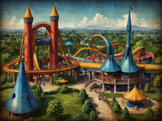 Das Bild zeigt einen bunten Freizeitpark mit aufregenden Attraktionen, einschließlich einer Riesenrutsche und verschiedenen Fahrgeschäften, die an märchenhafte Türme erinnern. Umgeben von grünen Bäumen und einer einladenden Landschaft, lädt dieser Park Besucher dazu ein, Spaß und Abenteuer zu erleben.Entdecke die Freizeitparks in Retalhuleu, die für ihre aufregenden Fahrgeschäfte und familienfreundlichen Aktivitäten bekannt sind!