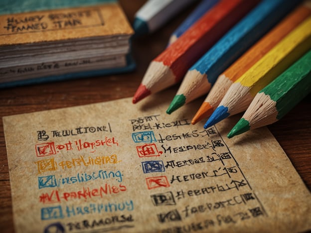 Auf dem Bild sind bunte Buntstifte und ein Blatt Papier mit einer Liste zu sehen. Die Liste scheint eine Art Checkliste für ein Festival oder eine Veranstaltung zu sein, da sie verschiedene Punkte enthält, die abgehakt sind oder bearbeitet werden müssen.Für die Vorbereitung auf das Festival gibt es einige Dinge, die du wissen solltest:1. **Checkliste**: Stelle sicher, dass du alle Punkte auf deiner Liste überprüfst, um nichts zu vergessen.2. **Buntstifte**: Eventuell benötigst du die Stifte für kreative Aktivitäten oder zur Gestaltung.3. **Materialien**: Überlege, welche weiteren Materialien oder Utensilien du für das Festival benötigst.4. **Planung**: Organisiere deine Zeit gut, sodass du alle Aktivitäten und Programmpunkte genießen kannst.5. **Mit Freunden**: Es kann hilfreich sein, mit Freunden zusammenzuarbeiten, um die Vorbereitungen und das Festival selbst zu einem tollen Erlebnis zu machen.Viel Spaß beim Festival!
