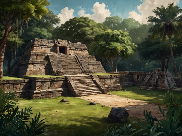 Auf dem Bild ist eine Nachbildung einer Maya-Stätte zu sehen, die eine pyramidenartige Struktur mit Stufen zeigt, umgeben von dichten Bäumen und tropischer Vegetation. Diese Architektur erinnert an die Ruinen der alten Stadt Yaxhá, die im heutigen Guatemala liegt. Yaxhá war einst ein bedeutendes Zentrum der Maya-Zivilisation, bekannt für ihre beeindruckenden Tempel und die lebendige Kultur, die dort blühte.Die Struktur im Bild könnte eine der Tempelpyramiden von Yaxhá darstellen, die sowohl religiöse als auch soziale Funktionen hatte. Die Stadt war strategisch günstig am Ufer eines Sees gelegen und spielte eine wichtige Rolle im Handel sowie in politischen Allianzen. Ein Blick auf solche Ruinen gibt uns die Möglichkeit, die beeindruckenden Leistungen der Maya zu würdigen und die Geschichten, die hinter diesen monumentalen Bauwerken stehen, zu reflektieren.