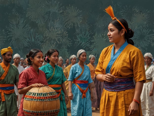 Auf dem Bild sind Menschen in traditionellen Kleidungsstücken zu sehen, die wahrscheinlich an einer kulturellen Feier oder einem Fest teilnehmen. Die bunten Gewänder und Tücher deuten auf eine lebendige Tradition hin, die möglicherweise aus einer bestimmten Region oder Ethnie stammt.Die Szene könnte eine Darbietung oder einen Tanz zeigen, was oft eine wichtige Rolle in vielen Kulturen spielt. In vielen asiatischen Ländern sind solche Feste eng mit Traditionen und Bräuchen verbunden, bei denen Musik, Tanz und handwerkliches Geschick gefeiert werden.Der Kessel, den eines der Mädchen hält, könnte Teil eines rhythmischen Spiels oder einer Musikaufführung sein, was häufig bei kulturellen Festen vorkommt. Solche Gemeinschaftsaktivitäten fördern den sozialen Zusammenhalt und das Weitergeben von Bräuchen an die nächste Generation.