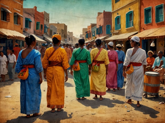 Auf dem Bild sieht man eine Gruppe von Frauen in bunten traditionellen Kleidern, die durch eine belebte Straße in einem Markt oder Dorf gehen. Die Farben der Gewänder, wie Blau, Gelb, Grün und Rosa, könnten auf verschiedene kulturelle Hintergründe oder Gemeinschaften hinweisen.Diese Szene spiegelt das Gemeinschaftsleben wider, da die Frauen wahrscheinlich eine soziale oder kulturelle Veranstaltung besuchen. Die Interaktion zwischen den Menschen im Hintergrund und die vielfältigen Stände deuten auf einen lebendigen Austausch von Traditionen, Waren und Bräuchen hin. Solche Märkte sind oft zentrale Orte, an denen kulturelle Identität und gemeinschaftlichen Zusammenhalt gepflegt werden, während sie gleichzeitig eine Plattform für wirtschaftliche Aktivitäten bieten.Die traditionelle Kleidung kann darauf hinweisen, dass die Gemeinschaft ihre Werte und ihr Erbe durch Mode und Brauchtum ausdrückt. Insgesamt vermittelt das Bild ein Gefühl für die Tiefe und den Reichtum des kulturellen Lebens innerhalb dieser Gemeinschaft.