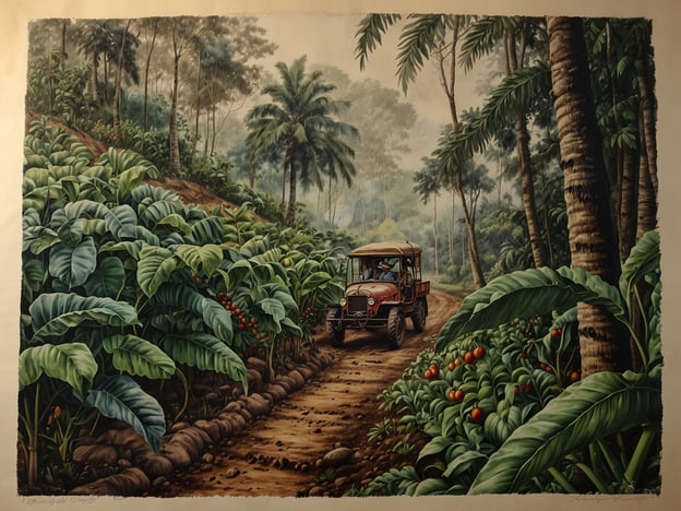 Auf dem Bild ist eine malerische Darstellung einer Kaffeefarm zu sehen, umgeben von üppiger Natur. Der Anbau von Kaffee kann nachhaltig gestaltet werden, indem ökologische Ansätze verfolgt werden. Dazu gehören unter anderem der Verzicht auf chemische Pestizide und Düngemittel, stattdessen werden biologische Anbaumethoden eingesetzt, die die Biodiversität fördern.Die Integration von Schattenwirtschaft durch Bäume kann helfen, die Kaffeepflanzen vor direkter Sonneneinstrahlung zu schützen und ein Mikroklima zu schaffen, das die Gesundheit des Bodens verbessert. Zudem sorgt eine nachhaltige Bewirtschaftung dafür, dass die Erträge nicht nur wirtschaftlich tragfähig sind, sondern auch die Umwelt schützt und die Lebensbedingungen der Arbeiter verbessert.Die dargestellte Szenerie verdeutlicht, wie wichtig es ist, eine Balance zwischen Landwirtschaft und Natur zu finden, um Ressourcen auch für zukünftige Generationen zu sichern.
