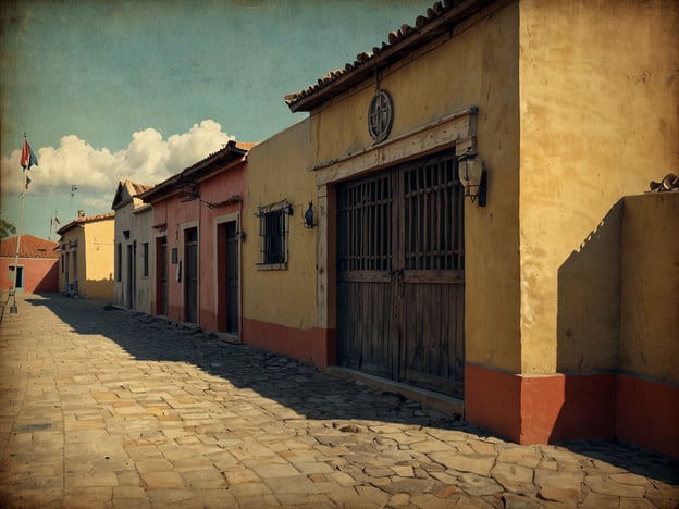 Das Bild zeigt eine malerische Straße mit bunten, kolonialen Gebäuden, die möglicherweise an die Geschichte von San Felipe de Lara erinnern. Diese Stadt, gelegen am Ufer des Izabal-Sees in Guatemala, hat eine reiche Geschichte und war einst ein wichtiger Hafen für den Handel. Die Straßen sind gepflastert und die Architektur spiegelt den kolonialen Stil wider, der für diese Region kennzeichnend ist.San Felipe de Lara ist bekannt für seine strategische Lage und seine Rolle als Militärfort im 17. Jahrhundert, das zur Verteidigung gegen Piratenangriffe diente. Die bunten Häuser könnten die lebendige Kultur und das historische Erbe dieser Region repräsentieren, während die Wolken am Himmel eine friedliche Atmosphäre schaffen, die an die ruhigen Tage der Vergangenheit erinnert.