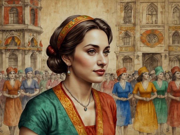 Auf dem Bild ist eine Frau im Vordergrund abgebildet, die traditionelle Kleidung trägt, typischerweise mit bunten Elementen und einer eleganten Frisur. Im Hintergrund findet eine Art Fest oder Feier statt, erkennbar an der Menschenmenge, die in farbenfrohen Kleidern gekleidet ist.Diese Szene könnte kulturelle Einflüsse aus verschiedenen Regionen widerspiegeln, wo Feste oft mit traditioneller Kleidung, Tanz und Gemeinschaftsaktivitäten gefeiert werden. Beispiele dafür sind Feste wie das Diwali in Indien, das Oktoberfest in Deutschland oder ähnliche Feierlichkeiten, die den Gemeinschaftsgeist, Tradition und kulturellen Reichtum betonen. Die Farben und Details der Kleidung könnten spezifische kulturelle Symbole repräsentieren, die in entsprechendem Kontext einen hohen Stellenwert haben.