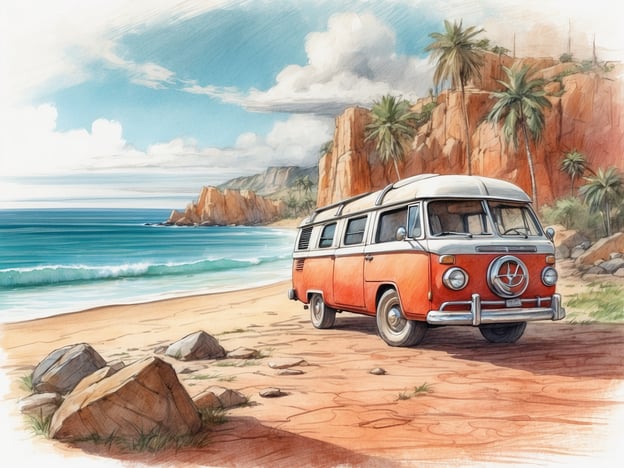 Auf dem Bild ist ein orangefarbener VW-Bus zu sehen, der an einem schönen Strand parkt. Es gibt eine ruhige Meereslandschaft mit sanften Wellen und Palmen, die für eine entspannte Atmosphäre sorgen. Die Umgebung bietet ideale Möglichkeiten für Aktivitäten wie:1. **Strandspaziergänge** – Die malerische Küste lädt zu ausgedehnten Spaziergängen ein.2. **Schwimmen** – Das klare Wasser bietet eine perfekte Gelegenheit zum Schwimmen.3. **Sonnenbaden** – Sonne und Sand machen den Strand ideal zum Entspannen.4. **Picknicken** – Die friedliche Umgebung eignet sich hervorragend für ein Picknick am Strand.5. **Camping** – Der VW-Bus könnte als mobiles Zuhause für einen Campingausflug dienen.Insgesamt strahlt das Bild eine entspannte Urlaubsatmosphäre aus, die Abenteuer und Erholung zugleich verspricht.
