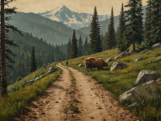 Auf dem Bild ist eine malerische Landschaft mit einem schmalen Wanderweg zu sehen, der sich durch eine grüne Wiese schlängelt. Auf der rechten Seite grast ein Tier, während im Hintergrund majestätische Berge mit schneebedeckten Gipfeln zu erkennen sind.Beim Wandern ist es wichtig, die Umwelt zu respektieren und zu schützen. Das bedeutet, den Weg nicht zu verlassen, um die Pflanzen und Tiere nicht zu stören. Müll sollte immer mitgenommen werden, um die Natur sauber zu halten. Zudem ist es essenziell, Geräusche zu minimieren und Begegnungen mit wilden Tieren zu respektieren, um das natürliche Verhalten der Tiere nicht zu beeinflussen. Solche Praktiken tragen dazu bei, die Schönheit unserer Landschaften für zukünftige Generationen zu bewahren.