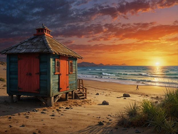 Auf dem Bild ist eine malerische Strandlandschaft mit einer bunten, kleinen Hütte zu sehen. Die Hütte hat orangefarbene Türen und steht direkt am Rand des Wassers, während die Sonne im Hintergrund untergeht und einen warmen Himmel mit eindrucksvollen Farben erzeugt.**Tipps für den Besuch von Las Conchas:**1. **Früh ankommen:** Um den Sonnenaufgang und die Ruhe am Strand zu genießen, ist es ratsam, früh am Morgen zu kommen.2. **Sonnencreme verwenden:** Da die Sonne stark sein kann, vergiss nicht, Sonnencreme aufzutragen, um deine Haut zu schützen.3. **Wasser mitnehmen:** Hydration ist wichtig, besonders wenn du während des Tages plänerst, am Strand zu verweilen.4. **Respektiere die Natur:** Achte darauf, keinen Müll zu hinterlassen und die Schönheit der Umgebung zu bewahren.5. **Entspanne dich:** Nimm dir Zeit, um die Aussicht zu genießen und die ruhige Atmosphäre zu erleben.