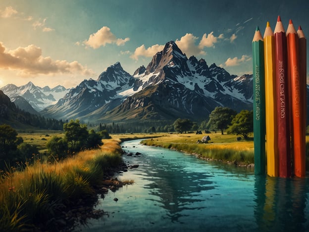 Auf dem Bild ist eine beeindruckende Landschaft mit hohen, schneebedeckten Bergen, die von sanften Hügeln und einem klaren Fluss umgeben sind. Die Szenerie strahlt Ruhe und Frieden aus, und viele Besucher schildern, dass sie sich beim Anblick dieser Natur wie in einer malerischen Postkarte fühlen.Das Licht der untergehenden Sonne sorgt für warme Farbtöne, die die gesamte Szene lebendig wirken lassen. Besonders die bunten Bleistifte rechts im Bild fallen auf, die den Eindruck von Kreativität und Kunst verstärken. Eindrücke von Besuchern reichen von dem Gefühl der Inspiration bis hin zur Sehnsucht nach einem ruhigen Rückzugsort in der Natur.Die Kombination aus majestätischen Bergen, üppigem Grün und dem glitzernden Wasser des Flusses hinterlässt einen bleibenden Eindruck und lädt zum Träumen ein.