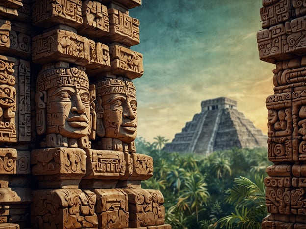 Auf dem Bild sind kunstvolle Steinreliefs mit Gesichtern zu sehen, die an die Maya-Kultur erinnern. Im Hintergrund ist eine pyramidenartige Struktur abgebildet, die ebenfalls für die Maya-Architektur typisch ist.Copán ist eine bedeutende archäologische Stätte der Maya im heutigen Honduras. Sie war ein wichtiges politisches, kulturelles und religiöses Zentrum während der klassischen Maya-Periode (ca. 250–900 n. Chr.). Die Stadt ist bekannt für ihre beeindruckenden Stelen und Altar-Reliefs, die detaillierte Darstellungen von Herrschern und mythologischen Szenen zeigen. Diese Werke liefern wertvolle Einblicke in die Geschichte, Religion und Gesellschaft der Maya und belegen die künstlerische Fertigung und das architektonische Können dieser Zivilisation. Copán war auch ein Zentrum für die Hieroglyphenforschung und die Entwicklung des Maya-Kalenders.