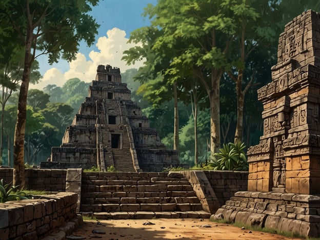 Auf dem Bild sind eindrucksvolle Ruinen abgebildet, die typisch für die architektonische Gestaltung der Copán-Ruinen sind. Die stufenförmige Pyramide im Hintergrund könnte eine der zentralen Tempelstrukturen sein, die oft mit religiösen Zeremonien in Verbindung gebracht werden. Die Verwendung von großen Natursteinen und die komplexe Anordnung der Treppen verleihen der Architektur Stabilität und Monumentalität.Im Vordergrund sieht man möglicherweise kleinere Strukturen oder Altäre, die prächtig verziert sein könnten. Diese Reliefs und Schnitzereien sind charakteristisch für die Kunst der Maya und verdeutlichen ihre fortschrittlichen Fähigkeiten in der Steinbearbeitung. Die umgebenden Bäume und die dichte Vegetation schaffen eine atmosphärische Kulisse und zeigen, wie diese beeindruckenden Bauwerke in die natürliche Landschaft integriert sind. Insgesamt zeugen die Ruinen von der kulturellen und künstlerischen Blüte der Maya-Zivilisation.