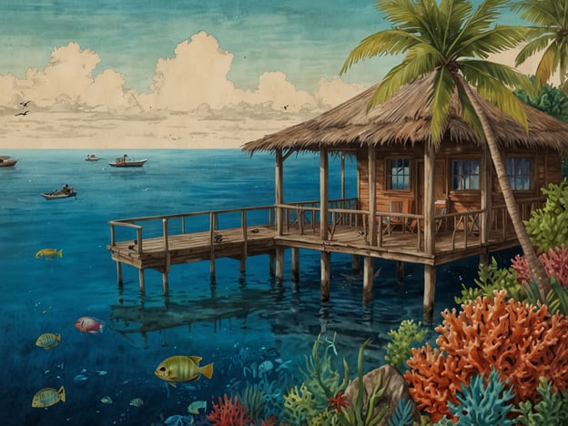 Auf dem Bild ist eine malerische Szenerie zu sehen, die ein Holzhaus auf einem Steg am Wasser zeigt. Umgeben von leuchtend bunten Korallen und einer Vielzahl von Fischen schwimmt eine wunderschöne Meereslandschaft. Boote sind im Hintergrund sichtbar, während die ruhige, blaue Wasseroberfläche einladend wirkt.Entdecke Utila: Ein Paradies für Taucher. In dieser Umgebung können Taucher die Vielfalt des marinen Lebens und die beeindruckende Unterwasserlandschaft erkunden.