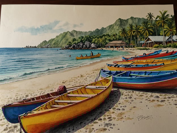 Auf dem Bild ist eine malerische Strandlandschaft zu sehen. Im Vordergrund stehen mehrere bunte Boote, die am Sandstrand angeordnet sind. Das Wasser ist klar und blau, und einige Menschen sind in der Ferne beim Kajakfahren oder Schwimmen zu sehen. Im Hintergrund erkennt man sanfte Hügel und Palmen, die eine tropische Atmosphäre schaffen.Neben dem Tauchen bietet Utila zahlreiche Erlebnisse und Aktivitäten, wie Kajakfahren, Schnorcheln und Spaziergänge entlang der wunderschönen Strände. Diese Umgebung lädt dazu ein, die Natur zu erkunden und die entspannte Atmosphäre der Insel zu genießen.