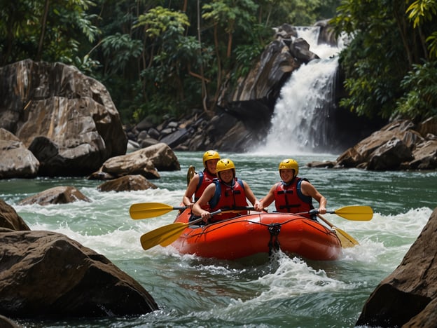 Auf dem Bild sind Menschen zu sehen, die mit einem Rafting-Boot einen Fluss hinunterpaddeln. Diese Aktivität ist perfekt für Adrenalin-Junkies!Es gibt zahlreiche aufregende Abenteuer, die man in dieser Umgebung erleben kann, wie zum Beispiel:1. **Wildwasser-Rafting** - Spüren Sie den Nervenkitzel, während Sie über Stromschnellen fahren.2. **Zorbing** - Rollen Sie in einer großen, durchsichtigen Kugel den Hang hinunter.3. **Bungee-Jumping** - Springen Sie von einer hohen Brücke und erleben Sie den freien Fall.4. **Klettern** - Erklimmen Sie steile Felsen oder Wände in der Natur.5. **Canyoning** - Rutschen und springen Sie durch Schluchten und Wasserfälle.All diese Aktivitäten sorgen für einen Adrenalinkick und unvergessliche Erlebnisse in der Natur!