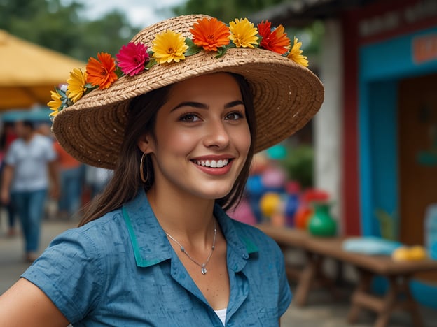 Auf dem Bild ist eine junge Frau mit einem großen Strohhut zu sehen, der mit bunten Blumen geschmückt ist. Sie lächelt freundlich und scheint sich in einer belebten Umgebung zu befinden, möglicherweise auf einem Markt oder in einem Festivalkontext.Hier sind einige Tipps für eine unvergessliche Reise:1. **Immersive Erlebnisse**: Versuche, lokale Traditionen und Feste zu erleben, um den authentischen Kulturgeist zu spüren.2. **Offen für neues sein**: Gehe aus deiner Komfortzone und probiere lokale Speisen oder Aktivitäten, die dir normalerweise nicht empfohlen werden.3. **Gespräche führen**: Sprich mit Einheimischen. Ihre Geschichten und Empfehlungen können dir verborgen Ort und Geheimtipps enthüllen.4. **Fotografie**: Halte besondere Momente fest, aber vergesse nicht, sie mit eigenen Augen zu erleben und zu genießen.5. **Flexibilität**: Sei bereit, deine Pläne anzupassen. Manchmal sind die besten Erlebnisse die, die du nicht geplant hast.Viel Spaß beim Entdecken!