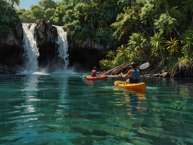 Auf dem Bild sind zwei Personen zu sehen, die in bunten Kajaks in einem malerischen Gewässer paddeln, während im Hintergrund ein beeindruckender Wasserfall zu sehen ist. Die Umgebung ist üppig und tropisch, mit viel grünem Pflanzenbewuchs.Für abenteuerlustige Aktivitäten könnten folgende Vorschläge interessant sein:1. **Kajakfahren**: Entdecke versteckte Buchten und Flüsse, während du die Landschaft erkundest.2. **Schwimmen**: Tauche in die erfrischenden Gewässer direkt unter dem Wasserfall.3. **Wanderungen**: Mache eine geführte Wanderung durch den Dschungel, um die Flora und Fauna zu erkunden.4. **Fotografie**: Halte die atemberaubenden Ausblicke und die Natur mit einer Kamera fest.5. **Vogelbeobachtung**: Beobachte die vielfältige Vogelwelt, die in tropischen Gebieten anzutreffen ist.Diese Aktivitäten bieten eine perfekte Kombination aus Spaß und Abenteuer in der Natur!