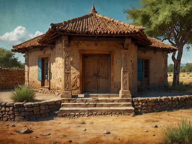 Auf dem Bild ist ein traditionselles Gebäude zu sehen, das möglicherweise in einer ländlichen Gegend erbaut wurde. Der Baustil mit dem geschwungenen Dach und den verzierten Säulen lässt auf historische und kulturelle Einflüsse schließen, die typischerweise in einigen mediterranen oder südwestlichen Regionen vorkommen.Die Verwendung von Naturmaterialien wie Stein und Holz zeugt von der Integration der Bauweise in die lokale Umgebung, wo es möglicherweise traditionellere Techniken und Stile gibt. Solche Gebäude sind oft ein Ausdruck des kulturellen Erbes von Gemeinschaften, die sich an die klimatischen Gegebenheiten und die Verfügbarkeit lokaler Ressourcen angepasst haben.Die blauen Fensterläden und die Details im Holz könnten auf mediterrane oder latino-inspirierte Einflüsse hindeuten, die in vielen Gemeinschaften zu finden sind, in denen Farben und Texturen eine große Rolle im alltäglichen Leben spielen. Solche Strukturen fördern nicht nur Wohnkomfort, sondern auch die Gemeinschaft und Traditionen, indem sie Raum für soziale Interaktionen bieten.