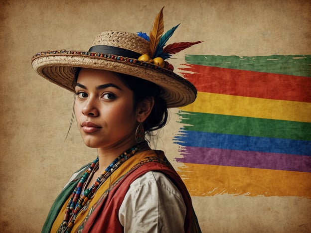 Auf dem Bild ist eine junge Frau in traditioneller Kleidung zu sehen, die verschiedene kulturelle Elemente repräsentiert. Ihr geflochtenes Haar und der große, dekorierte Hut deuten auf eine Verbindung zu indigenen Traditionen hin, während die Farben ihrer Kleidung und die Schmuckstücke Vielfalt und kulturelles Erbe symbolisieren.Im Hintergrund sieht man eine Regenbogenflagge, die für LGBTQ+-Rechte steht und somit die Themen von Vielfalt und Inklusion betont. Dieses Bild vereint die Schönheit indigener Kultur mit dem Anliegen um Gleichheit und Akzeptanz, was die kulturelle Vielfalt und die verschiedenen Traditionen in der heutigen Gesellschaft widerspiegelt.