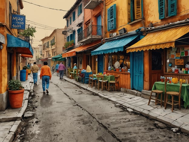 Auf dem Bild ist eine lebhafte Straße zu sehen, die typisch für die bunten und kulturell reichen Viertel in San Pedro Sula sein könnte. Die Umgebung zeigt bunte Gebäude, die mit verschiedenen Farben gestrichen sind, was ein Gefühl von Wärme und Gastfreundschaft vermittelt.Menschen sind zu Fuß unterwegs, was auf einen aktiven Lebensstil hinweist, der in vielen Stadtvierteln von San Pedro Sula präsent ist. Die Straßen sind gesäumt von kleinen Restaurants oder Cafés, die oft traditionelle honduranische Gerichte und Getränke anbieten.Die Tische sind draußen aufgestellt, was den sozialen Charakter des Stadtlebens betont, wo Gemeinschaft und das Zusammensein mit Freunden und Familie wichtig sind. Diese Elemente spiegeln die kulturelle Vielfalt und die lebendige Kultur der Stadt wider, wo Tradition und moderne Einflüsse miteinander verschmelzen.