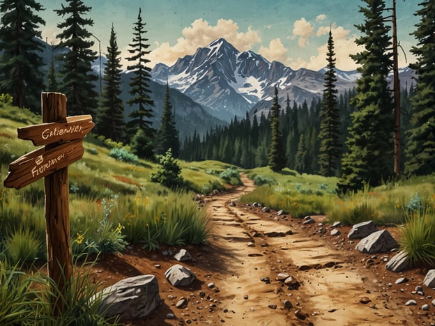 Auf dem Bild ist eine malerische Landschaft in den Bergen zu sehen. Im Vordergrund gibt es einen Wanderweg, der durch grüne Wiesen führt. An einem Holzschild sind die Richtungen für verschiedene Wanderwege angegeben. Im Hintergrund erheben sich beeindruckende Berggipfel, die zum Teil mit Schnee bedeckt sind, umgeben von hohen, grünen Tannenbäumen. Der Himmel ist blau mit einigen weißen Wolken.Für Wanderer:**Anfänger:** Der Weg sieht einfach aus und ist umgeben von schöner Natur. Ideal für einen entspannten Spaziergang!**Fortgeschrittene:** Der Wanderweg scheint durch eine abwechslungsreiche Landschaft zu führen. Die Aussicht auf die Berge könnte motivierend für einen längeren Ausflug sein.**Experten:** Die markierten Wege bieten entweder leichtere Wanderungen oder anspruchsvollere Strecken mit wechselnden Höhenausläufen und einfachen Kletterstellen. Ideal für eine unvergessliche Bergtour!