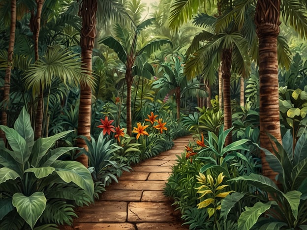 Auf dem Bild ist eine üppige, grüne Landschaft mit einem gepflasterten Weg zu sehen, der durch einen tropischen Garten führt. Es gibt viele verschiedene Pflanzen und Blumen, darunter einige mit leuchtenden roten und orangefarbenen Blüten. Die Szene strahlt eine friedliche und natürliche Atmosphäre aus, die an den Jardín Botánico Lancetilla erinnert, einem botanischen Highlight, das für seine Vielfalt an Pflanzenarten bekannt ist.