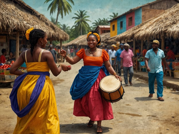 Auf dem Bild sieht man eine lebhafte Szene in einem Markt, wahrscheinlich in Tela, Honduras. Zwei Frauen in traditionellen, farbenfrohen Kleidern tanzen und lächeln, während eine von ihnen ein Trommelinstrument hält. Die Umgebung ist von Palmen gesäumt und es gibt verschiedene Marktstände im Hintergrund, die frisches Obst und Gemüse anbieten.Solche kulturellen Erlebnisse in Tela sind oft von Musik und Tanz geprägt, was eine wesentliche Rolle im sozialen Leben der Gemeinschaft spielt. Der Rhythmus der Trommel und die traditionellen Kleidungsstücke reflektieren die reiche afro-karibische Kultur des Landes. Diese Art von Festlichkeiten fördert den Zusammenhalt und die Freude unter den Menschen.