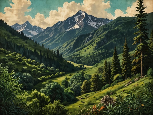 Auf dem Bild ist die bezaubernde Landschaft des La Tigra Nationalparks zu sehen. Die Darstellung zeigt majestätische Berge mit schneebedeckten Gipfeln, sanfte Hügel und üppige grüne Wälder. Die Szenen sind geprägt von einer Vielzahl an Pflanzen und Bäumen, die eine reiche und lebendige Natur widerspiegeln, unterbrochen von Felsen und einem strahlend blauen Himmel mit flauschigen Wolken. Die gesamte Umgebung strahlt Ruhe und Schönheit aus und lädt dazu ein, die Natur zu erkunden.