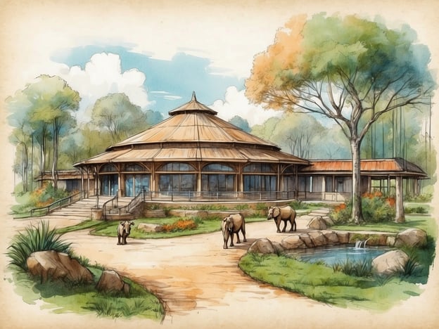 Auf dem Bild ist eine künstlerische Darstellung eines modernen Tiergeheges zu sehen, das an einen Zoo erinnern könnte. Diese Art von Einrichtungen fördert das Wohlergehen von Tieren und ermöglicht den Besuchern, die Tiere in einer naturnahen Umgebung zu beobachten.In Bezug auf die Geschichte des Zoologischen Gartens Neunkirchen lässt sich sagen, dass die Anlage 1954 gegründet wurde und sich seitdem kontinuierlich weiterentwickelt hat. Der Zoo hat sich dem Tierschutz verschrieben und bietet seinen Besuchern die Möglichkeit, viele verschiedene Tierarten kennenzulernen. Das dargestellte Gebäude könnte hypothetisch für die Haltung von asiatischen Elefanten oder ähnlichen Tieren gedacht sein, was gut zu den modernen Ansätzen passt, die der Zoo verfolgt, um artgerechte Lebensräume zu schaffen.