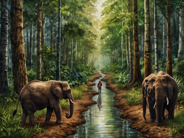 Auf dem Bild sind zwei Elefanten zu sehen, die in einem üppigen, grünen Wald stehen. Ein Wanderer mit einem Rucksack geht an einem schmalen Wasserlauf entlang. Diese Szene vermittelt eine friedliche Koexistenz zwischen Mensch und Natur, was einen wichtigen Aspekt der Nachhaltigkeit und des Naturschutzes im Nationalpark symbolisiert.Nachhaltigkeit im Nationalpark bedeutet, dass die natürlichen Ressourcen erhalten und verantwortungsvoll genutzt werden, um die Biodiversität zu schützen. Der Schutz der Elefanten und ihres Lebensraumes ist von großer Bedeutung, um das ökologische Gleichgewicht aufrechtzuerhalten. Der Wanderer steht für die Möglichkeit, die Natur zu genießen und zu schätzen, während respektvolle Praktiken und Naturschutzmaßnahmen beibehalten werden, um die Artenvielfalt und die natürlichen Landschaften zu bewahren.