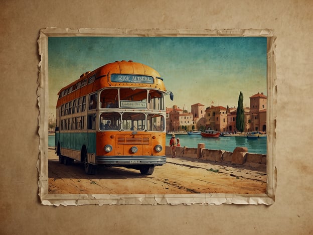 Auf dem Bild ist ein historischer, bunt gestalteter Bus zu sehen, der in einer idyllischen Hafenstadt hält. Die im Hintergrund sichtbaren Gebäude, die an die mediterrane Architektur erinnern, lassen auf eine kulturelle Entdeckung in einem Küstengebiet schließen. Solche Städte sind oft reich an Geschichte und bieten charmante Gassen, Märkte und lokale Restaurants.Die lokale Küche in solch einer Region könnte vielfältige Spezialitäten anbieten, darunter frische Meeresfrüchte, hausgemachte Pasta und regionale Weine. Es wäre eine wunderbare Gelegenheit, die kulinarischen Köstlichkeiten der Gegend zu entdecken, während man die schönen Sehenswürdigkeiten erkundet. Ein Besuch in den kleinen Tavernen und Cafés könnte zudem Einblicke in die traditionelle Esskultur der Region geben.
