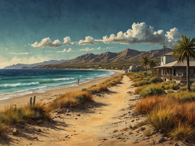 Auf dem Bild ist eine malerische Küstenlandschaft zu sehen, die einen Sandstrand mit sanften Wellen und einer hügeligen Berglandschaft im Hintergrund zeigt. Ein einsamer Wanderer spaziert am Ufer entlang, umgeben von Gras und kleinen Sträuchern. Die Häuser am Strand verleihen der Szene einen gemütlichen Charme.Die perfekte Reisezeit für Guanaja ist von Dezember bis April, wenn das Wetter trocken und angenehm warm ist. Diese Monate bieten die besten Bedingungen, um die natürliche Schönheit und die Strände der Insel zu genießen.