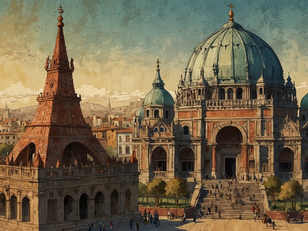Auf dem Bild ist eine beeindruckende Architektur zu sehen, die vermutlich eine Art Kirche oder Kathedrale darstellt, flankiert von einem weiteren auffälligen Bauwerk. Die großen Kuppeln und die verschnörkelten Details deuten auf einen historischen Baustil hin, möglicherweise inspiriert von der byzantinischen oder barocken Architektur.In der Umgebung könnten kulturelle Highlights wie Museen, historische Plätze oder weitere architektonische Meisterwerke liegen. Solche Orte sind oft Zentren für Kunst und Geschichte, wo Besucher die lokale Kultur erleben können, Veranstaltungen stattfinden und Führungen angeboten werden. Ein solches Umfeld könnte auch nahe bedeutender Sehenswürdigkeiten wie den Markusplatz in Venedig oder die Kathedrale von Florenz sein, die für ihre künstlerischen und historischen Werte bekannt sind.
