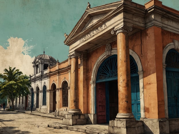 Das Bild zeigt eine historische Architektur, die wahrscheinlich in Comayagua, Honduras, angesiedelt ist. Comayagua hat eine bedeutende Geschichte als ehemalige Hauptstadt von Honduras und war im kolonialen Zeitalter ein wichtiges Verwaltungs- und Handelszentrum.Die Stadt beherbergt viele bedeutende Bauwerke, darunter Kirchen und öffentliche Gebäude aus der spanischen Kolonialzeit, was auf den Einfluss der spanischen Architektur hinweist. Comayagua ist auch bekannt für ihre gut erhaltenen Kolonialgebäude und war ein wichtiger Ort während der politischen Unruhen in der Geschichte Honduras. Die dargestellten Säulen und Fassaden könnten symbolisch für diesen kulturellen Reichtum und die historische Bedeutung der Stadt stehen.