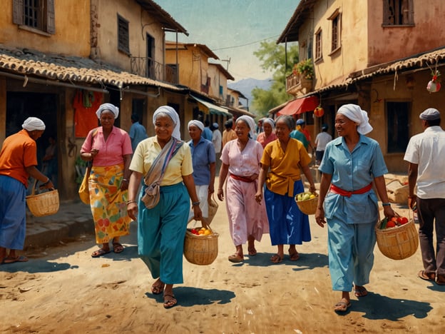 Auf dem Bild sind mehrere Frauen zu sehen, die fröhlich mit Körben voller Obst durch eine belebte Straße in einem Dorf gehen. Die Umgebung wirkt rustikal, mit bunten, traditionellen Kleidern und einfachen Häusern.In den Nationalparks vieler Länder gibt es oft lokale Märkte, wo frische Produkte und Handwerkskunst verkauft werden. Solche Märkte sind kulturelle Höhepunkte, die nicht nur die kulinarische Vielfalt der Region präsentieren, sondern auch eine Gelegenheit bieten, mit Einheimischen in Kontakt zu treten und ihre Traditionen kennenzulernen.Die Frauen könnten im Rahmen eines Dorffests oder eines Marktbesuchs unterwegs sein, was häufig Teil des Lebens in der Nähe von Nationalparks ist, wo das Zusammenspiel von Mensch und Natur zentral ist. Solche Erlebnisse fördern das Bewusstsein für lokale Ökosysteme und die Bedeutung des Naturschutzes.