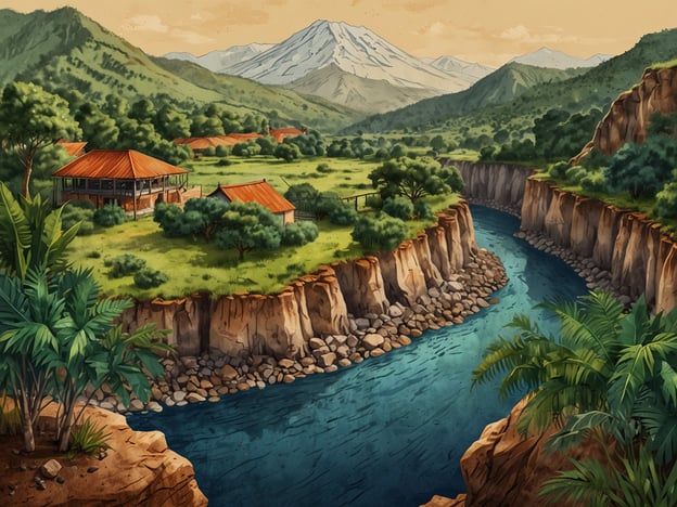 Auf dem Bild ist eine idyllische Landschaft mit Hügeln, Bergen, einem Fluss und einem Haus zu sehen. Diese Szenerie könnte symbolisch für den Río Plátano in Honduras stehen, der eine wichtige Rolle in der globalen Umweltkonservierung spielt.Der Río Plátano ist ein UNESCO-Weltkulturerbe und ein bedeutendes Ökosystem, das Vielfalt an Flora und Fauna beherbergt. Es ist ein Beispiel für die Notwendigkeit, natürliche Ressourcen zu schützen und nachhaltige Entwicklungsstrategien zu fördern. Der Fluss und seine Umgebung sind vital für die lokale Bevölkerung und tragen zur globalen Biodiversität bei.