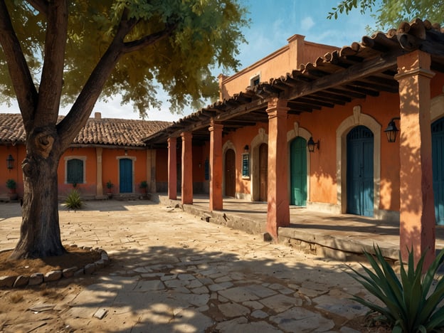 Auf dem Bild ist ein malerischer Innenhof mit orangefarbenen Wänden, grünen Türen und einem großen Baum zu sehen. Solche architektonischen Elemente sind typisch für die koloniale Architektur in Trujillo, Peru.Ein kulturelles Highlight in Trujillo ist die Plaza de Armas, ein zentraler Platz, der von beeindruckenden kolonialen Gebäuden umgeben ist. Zudem ist die Stadt bekannt für ihre Nähe zu den beeindruckenden Ruinen von Chan Chan, der größten Lehmstadt der präkolumbianischen Welt. Auch die traditionellen Tänze wie die Marinera sind untrennbar mit der kulturellen Identität Trujillos verbunden.