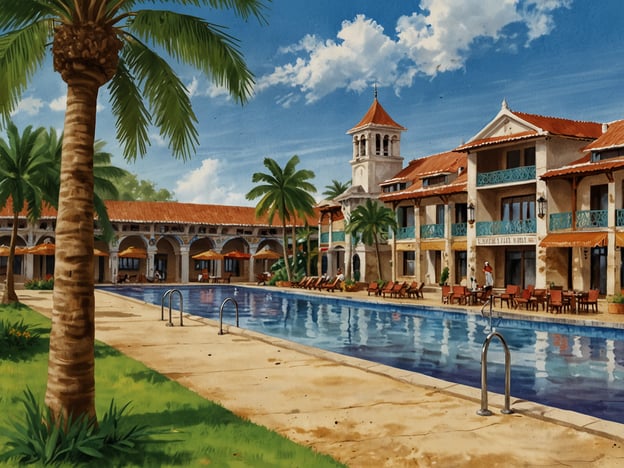 Auf dem Bild ist eine idyllische Hotelanlage mit einem großen Swimmingpool und palmengesäumten Gärten zu sehen. Die Architektur scheint kolonialen Einfluss zu haben, mit blau verzierten Balkonen und einem markanten Turm.Für eine Anreise und Unterkunft in Trujillo könnte dieses Hotel eine gute Wahl sein, da es eine entspannende Atmosphäre bietet und sich gut für Erholung eignet. Die Umgebung ist perfekt, um die Stadt zu erkunden und die lokalen Sehenswürdigkeiten zu besuchen.