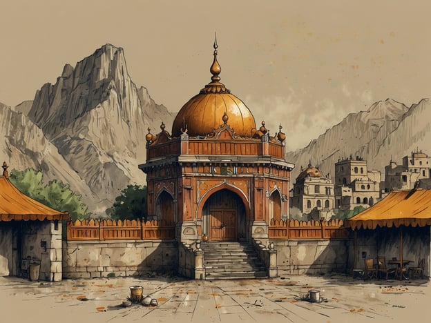 Auf dem Bild ist ein traditioneller Pavillon mit einer charakteristischen kupfernen Kuppel zu sehen, umgeben von majestätischen Bergen. Der Pavillon wirkt kunstvoll gestaltet, mit filigranen Verzierungen, die an islamische Architektur erinnern. Die Umgebung scheint ländlich zu sein, mit einfachen Strukturen und einem geschützten Bereich, der möglicherweise für Markttätigkeiten oder Versammlungen genutzt wird.Die Berglandschaft deutet auf eine Region mit reicher Natur hin, die in vielen asiatischen Kulturen eine wichtige Rolle spielt, wo Spiritualität und die Verehrung der Natur eng miteinander verbunden sind. Solche Strukturen kann man häufig in Indien oder in den umliegenden Ländern finden, wo religiöse Bauwerke oft in Verbindung mit der atemberaubenden Landschaft stehen.