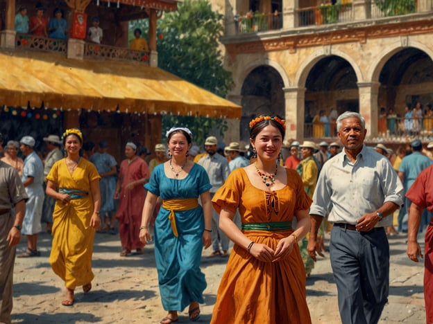 Auf dem Bild sind Menschen in bunten traditionellen Kleidern zu sehen, die an einem festlichen Anlass teilnehmen. Dies könnte ein kulturelles Fest auf einer Insel sein, das reich an Traditionen und Bräuchen ist.Solche Feste zeichnen sich oft durch Folklore, Musik und Tanz aus, und die Teilnehmer tragen oft Trachten, die die lokale Kultur und Geschichte widerspiegeln. Möglicherweise wird hier auch ein regionales Handwerk oder spezielle Speisen präsentiert. Die Atmosphäre wirkt lebhaft und festlich, was typisch für viele Feierlichkeiten auf diesen Inseln ist, wo Gemeinschaft und Tradition im Mittelpunkt stehen.Die bunte Bekleidung der Frauen und Männer könnte auf eine Feier oder eine besondere Veranstaltung hinweisen, die oft in historischen Städten oder an malerischen Plätzen stattfindet, um die kulturellen Highlights der Region zu zelebrieren.