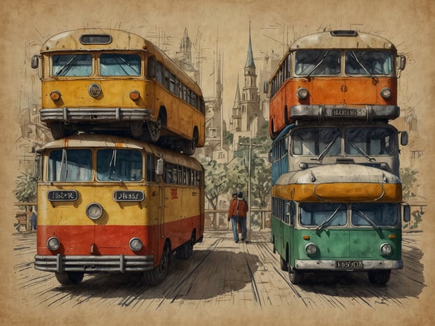 Auf dem Bild sind mehrere alte Omnibusse zu sehen, die übereinander gestapelt sind. Im Hintergrund sind Elementen einer Stadtlandschaft mit Türmen und Gebäuden zu erkennen. Die Szene vermittelt eine nostalgische Atmosphäre und erinnert an frühere Zeiten des Transports.Für eine Reise zu einem ähnlichen Ort könnten Sie verschiedene Anreisemöglichkeiten in Betracht ziehen, wie z.B. mit dem Zug oder dem Auto. Öffentliche Verkehrsmittel und Carsharing-Dienste bieten ebenfalls praktische Alternativen.Unterkunftsmöglichkeiten könnten Hotels, Jugendherbergen oder Ferienwohnungen in der Nähe des Stadtzentrums sein, um den Charme der Umgebung optimal zu genießen.