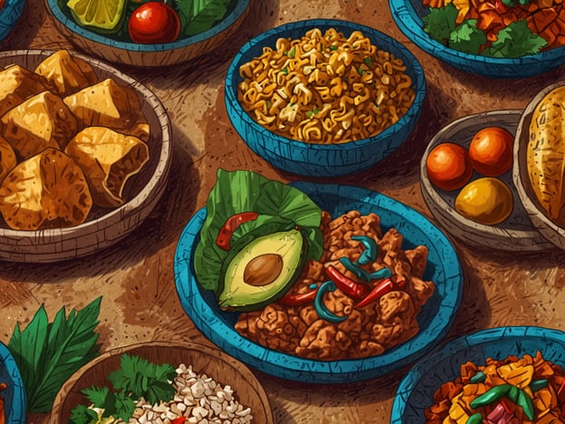 Auf dem Bild sind verschiedene kulinarische Köstlichkeiten zu sehen, die typisch für Santa Rosa de Copán sein könnten. In den bunten Schalen finden sich eine Vielzahl von Speisen, darunter knusprige Teigtaschen, die nach traditionellen Rezepten zubereitet sein könnten, sowie Reisgerichte und frische Salate.Die Verwendung von frischen Zutaten wie Avocado, Tomaten und Limetten spiegelt die lokale Küche wider. Außerdem sieht man eine Mischung aus würzigen und farbenfrohen Gemüsegerichten, die für die Region bekannt sind. Solche Essensvariationen sind nicht nur lecker, sondern auch ein wesentlicher Bestandteil der kulturellen Identität dieser Gegend in Honduras.