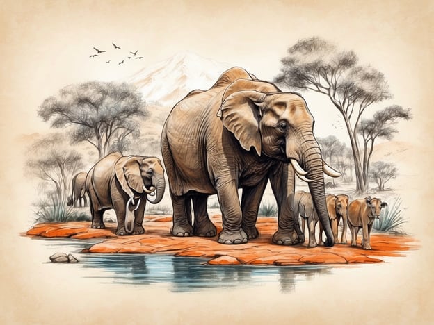 Auf dem Bild sind mehrere Elefanten zu sehen, die an einem Gewässer stehen, umgeben von einer savannenartigen Landschaft mit Bäumen und Hügeln.Die Geschichte der Tierparks beginnt oft mit der Idee, Tiere zu schützen und der Öffentlichkeit zugänglich zu machen. Viele Tierparks wurden ursprünglich gegründet, um bedrohte Tierarten zu erhalten und zu züchten. Elefanten, die majestätische und soziale Tiere sind, sind oft ein bedeutendes Highlight in vielen Tierparks, weil sie sowohl Besucher anziehen als auch eine wichtige Rolle im Artenschutz spielen. In einem Tierpark kann man nicht nur ihre beeindruckende Größe und Intelligenz bewundern, sondern auch viel über ihren Lebensraum und ihre Gewohnheiten lernen.