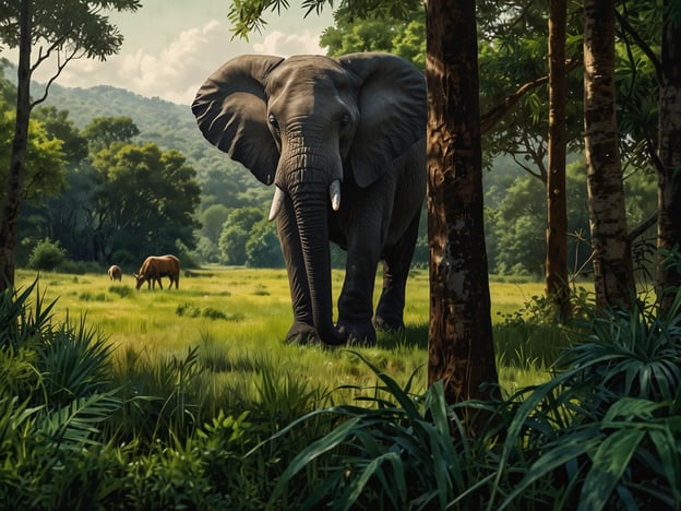 Auf dem Bild ist ein Elefant zu sehen, der majestätisch in einer grünen, offenen Landschaft steht. Um ihn herum erstreckt sich eine üppige Vegetation mit vielen verschiedenen Pflanzen, die typisch für tropische oder subtropische Regionen sind. Im Hintergrund sind sanfte Hügel und Bäume zu erkennen, die zur Biodiversität des Gebiets beitragen.Zusätzlich grasen einige Tiere im Hintergrund, was auf ein vielfältiges Ökosystem hinweist, in dem verschiedene Arten miteinander interagieren. Diese Szenerie verdeutlicht die Bedeutung von Natur und Biodiversität, da solch vielfältige Lebensräume essentiell für das Überleben vieler Arten und das Gleichgewicht der Ökosysteme sind. Die Präsenz des Elefanten, eines Schlüsselarten in seinem Habitat, unterstreicht den Reichtum und die Komplexität der natürlichen Umgebung.
