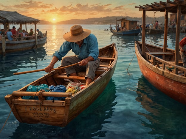 Auf dem Bild ist ein Fischer zu sehen, der in einem kleinen, traditionellen Boot auf einem ruhigen Gewässer paddelt. Die Szene spielt sich während des Sonnenuntergangs ab, was eine malerische Atmosphäre schafft.Die Lebensweise der Fischer ist eng mit der Natur und den Gezeiten verbunden. Sie verbringen oft viele Stunden auf dem Wasser, um frischen Fisch zu fangen, der nicht nur ihre Grundnahrungsquelle ist, sondern auch eine wichtige Rolle in der lokalen Wirtschaft spielt. Die Gemeins chaf der Fischer basiert auf Traditionen, Wissen über die besten Fanggebiete und das Verständnis der Meeresbedingungen.Diese Kultur umfasst auch enge Gemeinschaftsbindungen, da Fischerei oft ein gemeinschaftliches Unterfangen ist, bei dem Familien und Nachbarn zusammenarbeiten. Die Weitergabe von Techniken und Geschichten über das Fischen ist ein wesentlicher Bestandteil ihrer Identität. Das Bild spiegelt somit nicht nur die Tätigkeit des Fischens wider, sondern auch das tiefere Verständnis und die Verbundenheit der Menschen mit dem Wasser und ihrer Umgebung.