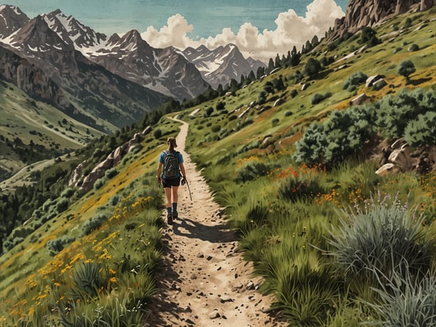 Auf dem Bild sieht man eine Person, die auf einem Wanderweg in den Bergen spaziert. Umgeben von der atemberaubenden Natur gibt es grüne Wiesen mit bunten Blumen und majestätische Berge im Hintergrund.Aktivitäten und Erkundungsmöglichkeiten, die man in einer solchen Umgebung genießen könnte, sind:1. **Wandern**: Erkunden Sie verschiedene Wanderwege und genießen Sie die herrliche Aussicht.2. **Naturfotografie**: Halten Sie die beeindruckenden Landschaften und Tierwelt fest.3. **Vogels Beobachtung**: Achten Sie auf die verschiedenen Vogelarten, die in den Bergen leben.4. **Picknicken**: Bringen Sie ein leckeres Mittagessen mit und genießen Sie es in der Natur.5. **Geocaching**: Nehmen Sie an einer Schatzsuche teil, die oft in diesen Gebieten organisiert wird.6. **Meditation oder Yoga**: Nutzen Sie die ruhige Umgebung für Entspannung und Achtsamkeit.Solche Erlebnisse können eine wunderbare Möglichkeit sein, die Schönheit der Natur zu genießen und gleichzeitig aktiv zu sein.