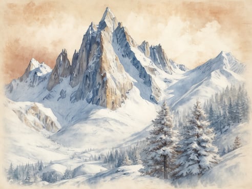Im Bild ist eine majestätische Berglandschaft mit schneebedeckten Gipfeln und steilen Felsen zu sehen. Die Berge ragen imposant in den Himmel und sind von einer sanften, warmen Farbtönung umgeben, die an einen Sonnenuntergang erinnert. Im Vordergrund stehen mehrere hohe, wintergrüne Bäume, die mit Schnee bedeckt sind. Die gesamte Szene strahlt eine ruhige, winterliche Atmosphäre aus und vermittelt das Gefühl von unberührter Natur und einem Paradies für Skifahrer in Bariloche.
