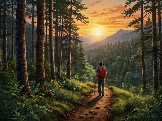 Auf dem Bild ist ein Wanderer zu sehen, der auf einem Pfad durch einen Nationalpark geht. Die Szenerie wird von hohen Bäumen und einer malerischen Aussicht auf die Berge im Hintergrund dominiert. Der Wanderer hat einen Rucksack dabei und genießt den Sonnenaufgang, was auf ein Abenteuer in der Natur hindeutet.Aktivitäten im Nationalpark könnten unter anderem:- **Wanderungen**: Entdecken von verschiedenen Wanderwegen, die durch die beeindruckende Landschaft führen.- **Naturbeobachtungen**: Beobachten von Wildtieren und Pflanzen in ihrer natürlichen Umgebung.- **Fotografie**: Die Schönheit der Natur einfangen, besonders während der Sonnenaufgänge oder -untergänge.- **Lagern**: Übernachten im Freien unter einem sternenklaren Himmel, um die Ruhe der Natur zu genießen.- **Mountainbiken**: Erkunden der Trails auf dem Fahrrad für eine aufregendere Perspektive.Der Nationalpark bietet viele Möglichkeiten für Abenteuer und eine enge Verbindung zur Natur.