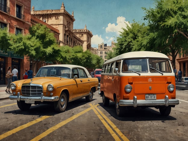 Auf dem Bild sind zwei farbenfrohe Autos zu sehen, ein gelber Oldtimer und ein orangefarbener VW-Bus. Die Umgebung wirkt lebhaft mit Fans von Bäumen und einer belebten Straße, die auf städtisches Leben hinweist.### AnreiseUm diesen malerischen Ort zu besuchen, empfiehlt es sich, mit dem Auto oder öffentlichen Verkehrsmitteln anzureisen. Falls Sie fliegen, suchen Sie nach dem nächsten Flughafen und nutzen Sie einen Mietwagen oder Taxi-Service, um die Gegend zu erkunden.### Praktische Tipps- **Parkmöglichkeiten:** Prüfen Sie im Voraus, ob es in der Nähe Parkplätze gibt.- **Beste Reisezeit:** Besuchen Sie das Ziel während der frühen Morgenstunden oder an Wochentagen, um Menschenmengen zu vermeiden.- **Essen & Trinken:** Informieren Sie sich über lokale Restaurants, um die regionalen Spezialitäten zu genießen.- **Kamera mitbringen:** Halten Sie die eindrucksvolle Architektur und die Atmosphäre fest.Planen Sie Ihren Besuch gut und genießen Sie die Zeit in dieser lebendigen Umgebung!